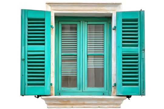 Turquoise window with open shutters against a black background creating contrast