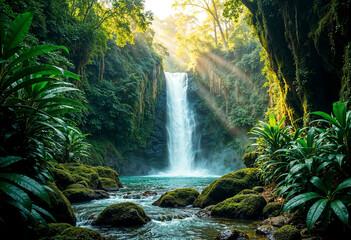 mountain and beautiful waterfall and green nature