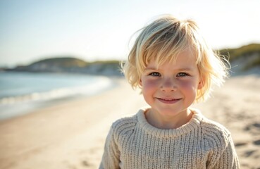 Little blond boy enjoys sunny day at beach in Nahant. Happy child in knit sweater smiles. Beautiful day at the ocean. Portrait of cute kid on vacation. Happy childhood. Boy portrait. Smiling face.