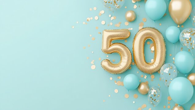 50th Anniversary Celebration with Golden Number Balloons and Pastel Blue Accents on Turquoise Background – Festive Banner with Copy Space for Text