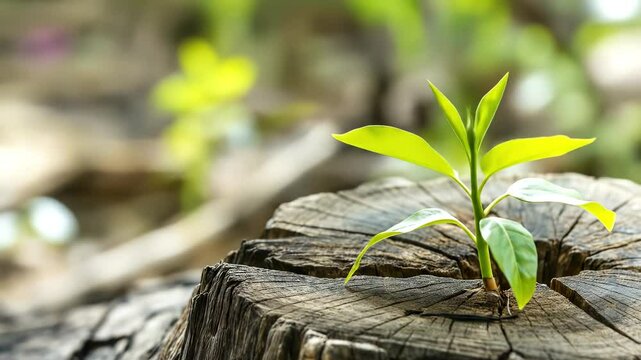 New life emerging: Green sapling sprout growing from old tree stump in forest. Resilience, hope, and nature's rebirth concept. Springtime renewal. 4K video
