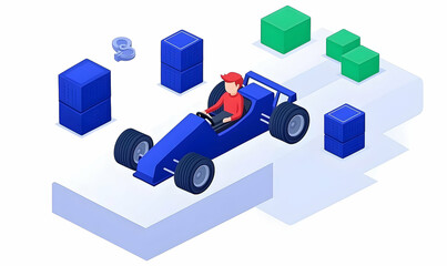 Fototapeta premium Low-poly style illustration of a figure in a blue race car navigating a course with blue and green block obstacles