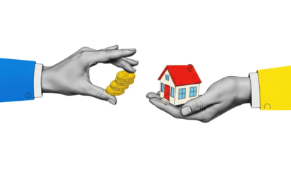 Real estate investment property mortgage home loan buying selling finance house coins concept