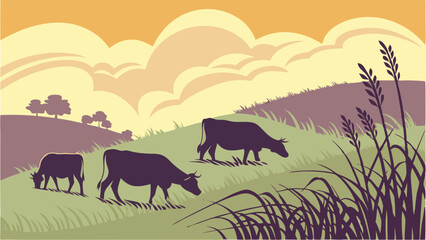 Cows grazing peacefully in a green rural pasture. Farm animals on rolling hills under a cloudy sky. Countryside landscape.