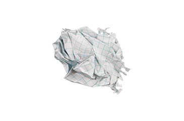 A crumpled checkered paper sheet on a white background fits educational themes. Its wrinkled grid...
