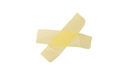 Yellow painter's tape isolated on white background, macro. Torn, crumpled, twisted strips of yellow...