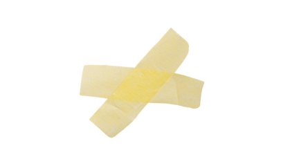 Yellow painter's tape isolated on white background, macro. Torn, crumpled, twisted strips of yellow painter's tape on white background, close-up.