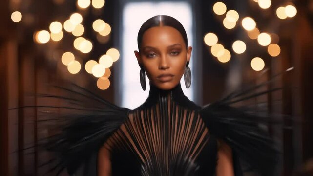 High fashion runway: Black model struts in avant-garde black feather dress at haute couture show. Glamour, luxury, and futuristic design concept. Slow motion 4K video.