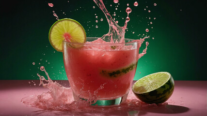 Watermelon, Mint, and Lime Juice Swirl in Refreshing Pink Vortex