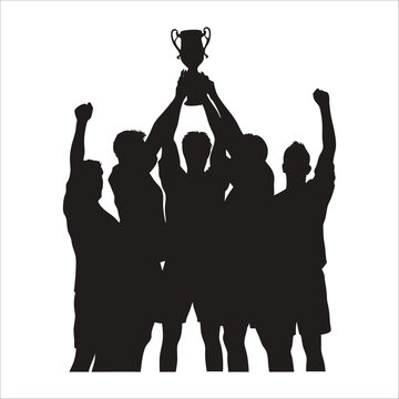 silhouette of football players celebrating with trophy 