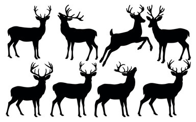 Vector art of a collection of eight majestic deer silhouettes, isolated on white background, showcasing various poses and antler configurations