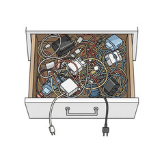 Drawer full of tangled wires and tech gear, symbolizing clutter.