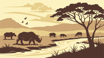 African Safari Landscape with Rhinoceros Silhouettes by River at Sunset. Wildlife and Nature Scene.
