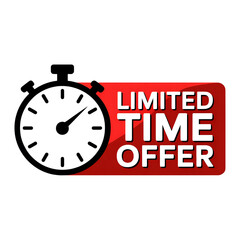 Red limited time offer label with stopwatch isolated on transparent background