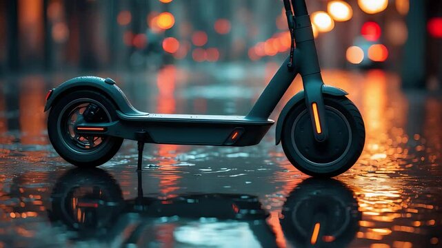 Close-Up of Electric Scooter on Wet City Street at Night with Reflections of Neon Lights on Pavement, Urban Micro-Mobility Transportation

