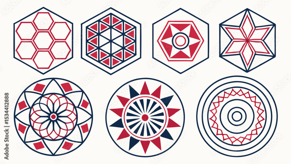 Poster modern geometric patterns set. abstract red and blue shapes, hexagons, and circles. vector graphic d
