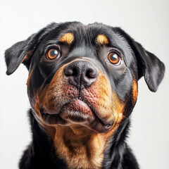 Obraz premium Hyper-Realistic Rottweiler Portraits – Close-Up Expressions of a Cute, Curious Dog on White Background – Perfect for Pet, Animal, and Canine-Themed Projects
