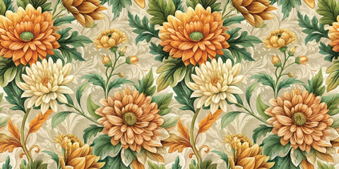 A vibrant floral pattern featuring orange and cream chrysanthemums.