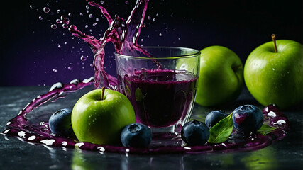 Blueberry, Spinach, and Apple Juice Vortex in Purple-Green Gradient Stream
