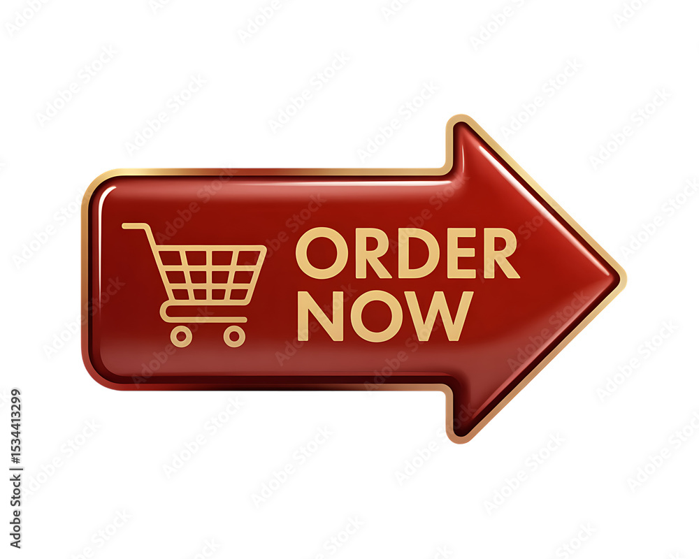 Poster red order now arrow button with shopping cart icon isolated on transparent background