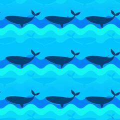 Obraz premium Stylized pattern of whales swimming in turquoise waves on a blue background