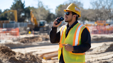 Obraz premium Engineer Communicating with Walkie Talkie on Site