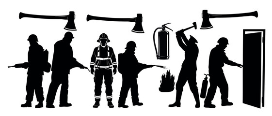 Vector art of a team of firefighters in action, isolated on white background, wielding axes and extinguishers to combat a blaze