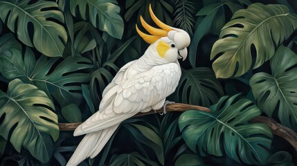 Sulphur-crested cockatoo perched on a branch amidst lush tropical foliage. (1)