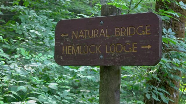 Natural Bridge and Hemlock Lodge sign in woods
