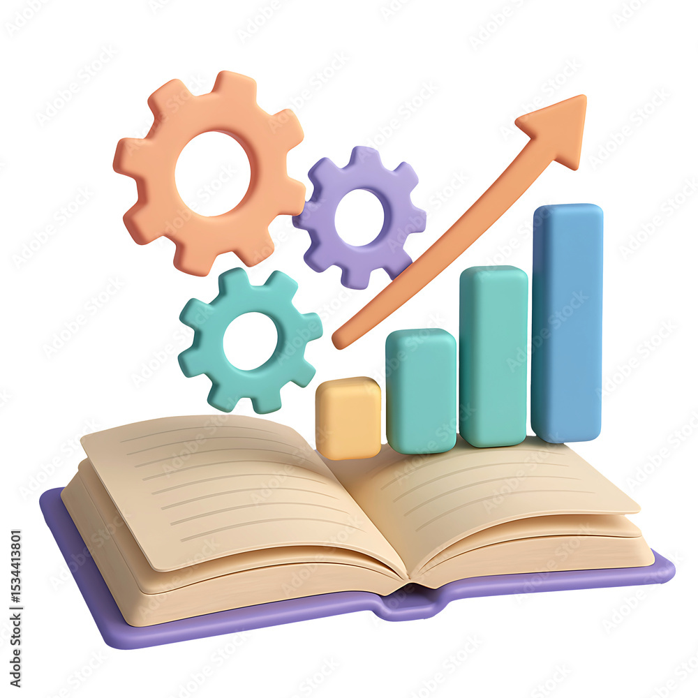 Poster 3d book with gears graph and upward arrow isolated on transparent background