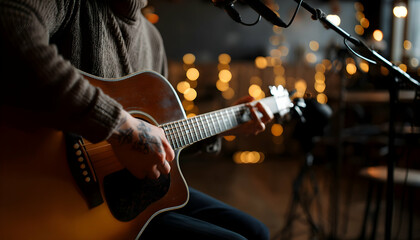 Fototapeta premium A musician playing an acoustic guitar in a cozy bar with a microphone nearby -