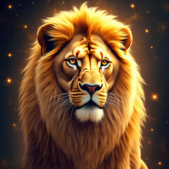 Naklejka premium Majestic golden lion portrait, celestial artwork. Divine king gaze, fiery mane, cosmic background. Intense stare, symbol of strength, courage, wisdom, power. Regal beast, mythical aura.