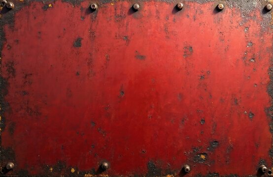 Grunge red metal texture background. Weathered metal sheet with rust, scratches. Distressed, worn surface, old industrial plate with rivets. Vintage abstract painted design. - Powered by Adobe