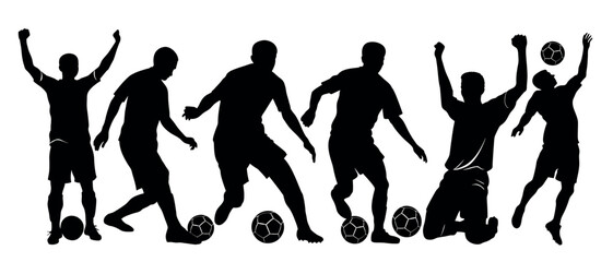 Vector art of dynamic silhouettes of soccer players in action, isolated on white background, a vector illustration capturing the energy of the game