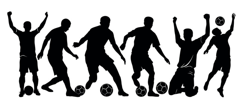 Vector art of dynamic silhouettes of soccer players in action, isolated on white background, a vector illustration capturing the energy of the game