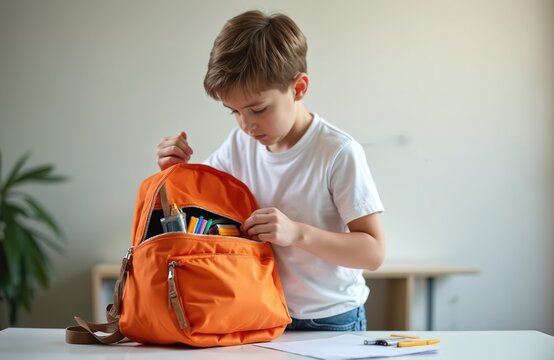 Young boy packs bright orange backpack preparing school. Child puts stationery school supplies, pencils, pens, erasers into schoolbag. Education, back to school concept, elementary learning,