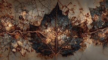 Petrified leaf fossil background with intricate mineral vein details in sepia-brown, paleontology texture for museum exhibit and education material.