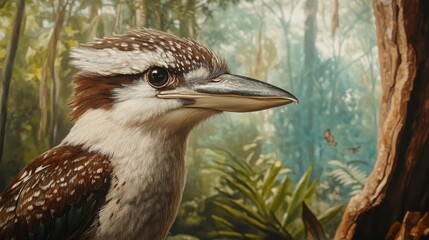 Close-up portrait of a kookaburra in a lush rainforest setting.