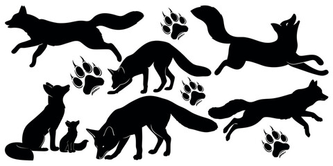 Vector art of silhouettes of leaping foxes and a fox family, isolated on white background, a vector illustration of wildlife in motion