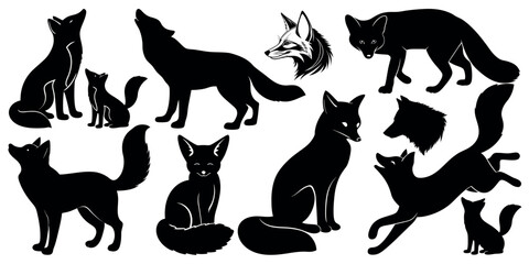 Vector art of a collection of elegant black fox silhouettes, isolated on white background, showcasing various poses and sizes in a vector illustration