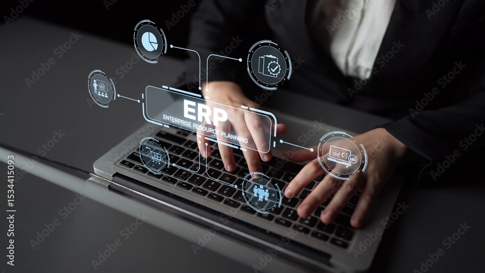 Poster erp platform visual showing centralized system for enterprise resource planning, improving integrati