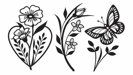 Floral and Butterfly Vector Set Black and White Nature Illustration Design Elements Heart Spring Summer Decoration
