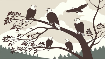 Bald Eagles Perched on Tree Branch and Flying in Sky, Wildlife Nature Scene with American Symbol of Freedom and Strength