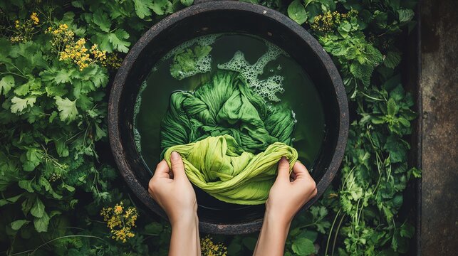 Hands holding dyed fabric submerged in natural dye water in an aged iron pot, surrounded by fresh green herbs and plants
