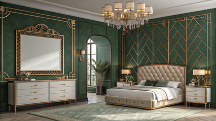 Elegant Green Oasis Luxurious Bedroom with Gold Accents Featuring a Blank Poster Frame for Personalized Touch