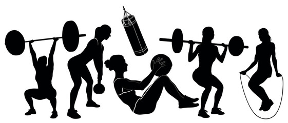Vector art of silhouetted female athletes, isolated on white background, showcase strength training exercises with weights, medicine ball, jump rope, and punching bag