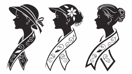 Beautiful elegant women silhouettes in profile with decorative ribbons and hats black white graphic