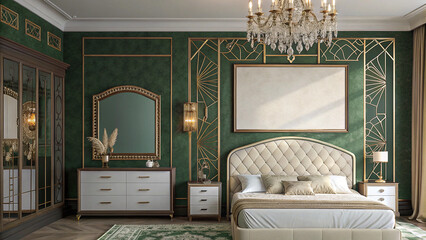 Elegant Bedroom Oasis with Green Walls Gold Accents Plush Bed and Blank Poster Frame for Personalized Style