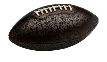 Elegant dark leather American football with white laces on a black background