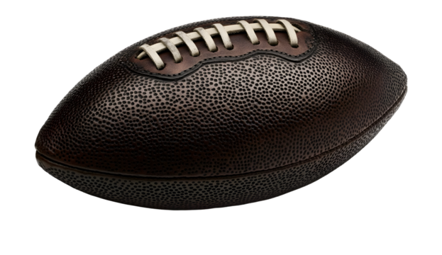 Elegant dark leather American football with white laces on a black background